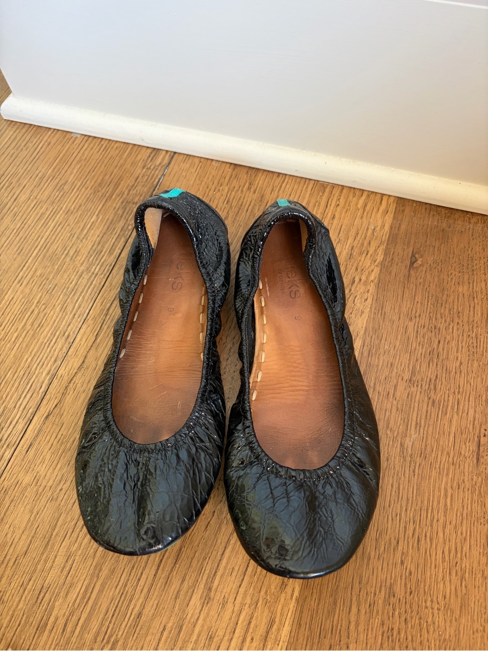 Tieks Black Patent Ballet Flats with Teal Heel Tab